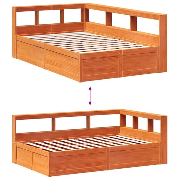 vidaXL Seng med bokhylle uten madrass voksbrun 140x190 cm heltre furu