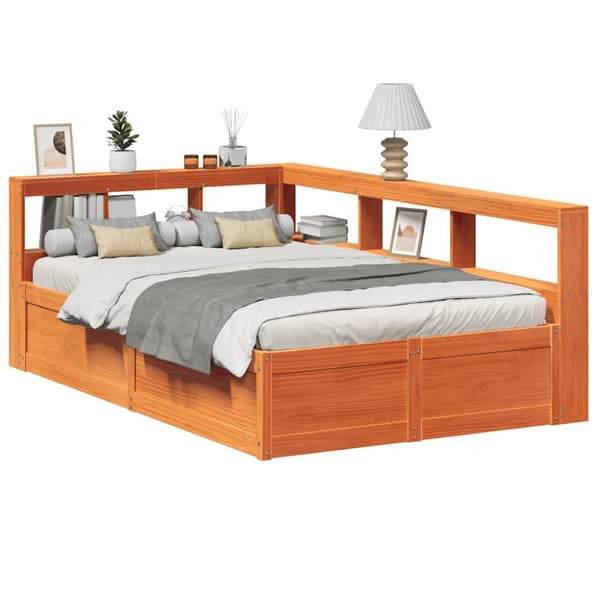 vidaXL Seng med bokhylle uten madrass voksbrun 140x190 cm heltre furu