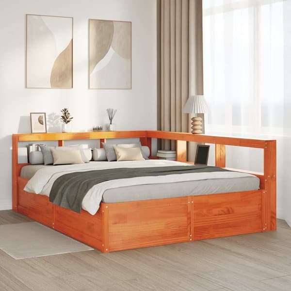 vidaXL Seng med bokhylle uten madrass voksbrun 150x200 cm heltre furu
