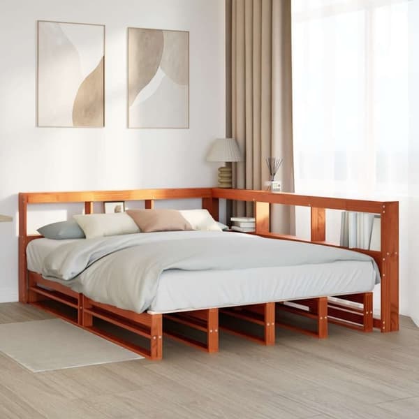 vidaXL Seng med bokhylle uten madrass voksbrun 150x200 cm heltre furu
