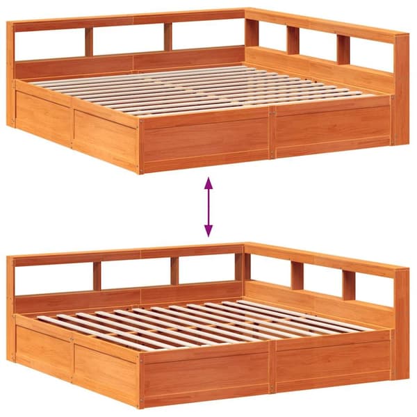 vidaXL Säng med bokhylla utan madrass vaxbrun 180x200cm massiv furu