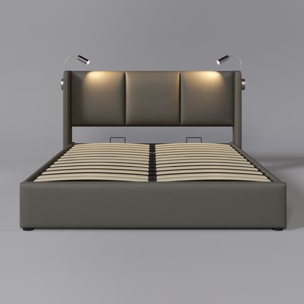 Rootz-parisänky säilytystilalla - Pehmustettu sänky - Tasosänky - USB-lukuvalo - 206L x 145W x 107H cm - Massiivipuu- ja metallirunko