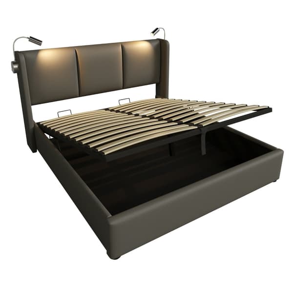 Rootz-parisänky säilytystilalla - Pehmustettu sänky - Tasosänky - USB-lukuvalo - 206L x 145W x 107H cm - Massiivipuu- ja metallirunko