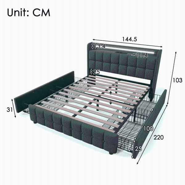 Rootz Modern Double Bed - LED Light Bed - USB Charging Bed - Funktionelt design - 144,5 cm x 220 cm x 103,5 cm