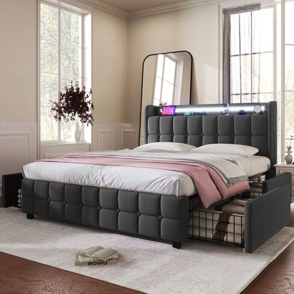 Rootz Modern Double Bed - LED Light Bed - USB Charging Bed - Funktionelt design - 144,5 cm x 220 cm x 103,5 cm