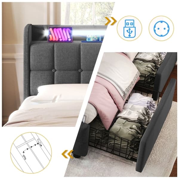 Rootz Modern Double Bed - LED Light Bed - USB Charging Bed - Funktionelt design - 144,5 cm x 220 cm x 103,5 cm