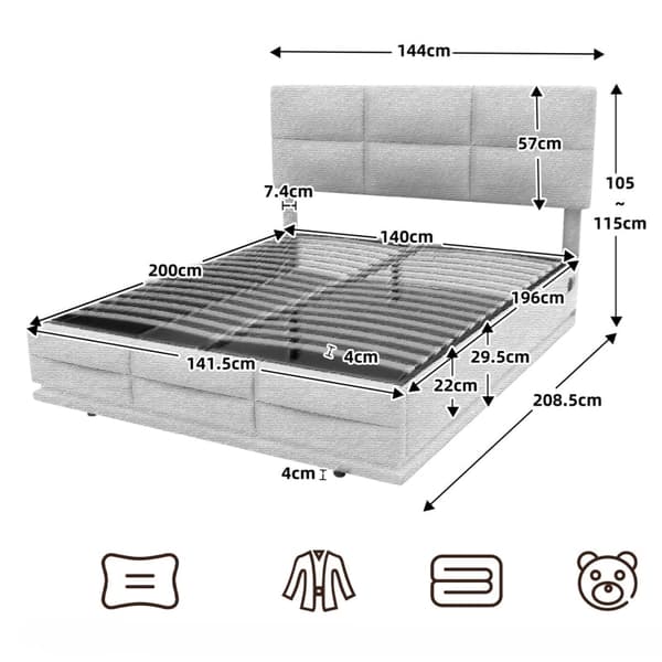 Rootz Modern Bed - Säilytyssänky - LED-sänky - USB-lataus - Velvet Comfort - 208,5 cm x 144 cm x 105-115 cm