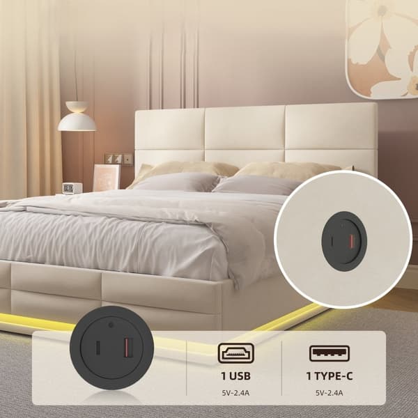 Rootz Modern Bed - Säilytyssänky - LED-sänky - USB-lataus - Velvet Comfort - 208,5 cm x 144 cm x 105-115 cm