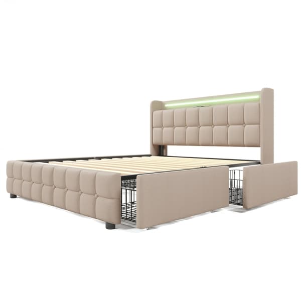 Rootz polstret dobbeltseng - Polstret seng - Seng i linned - USB-opladning og LED-belysning - Beige - 144,5 cm x 220 cm x 103,5 cm