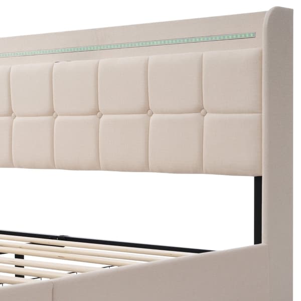 Rootz polstret dobbeltseng - Polstret seng - Seng i linned - USB-opladning og LED-belysning - Beige - 144,5 cm x 220 cm x 103,5 cm