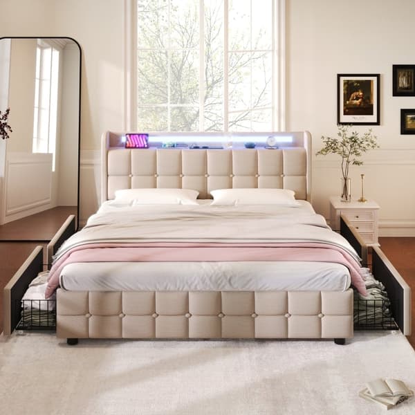 Rootz polstret dobbeltseng - Polstret seng - Seng i linned - USB-opladning og LED-belysning - Beige - 144,5 cm x 220 cm x 103,5 cm