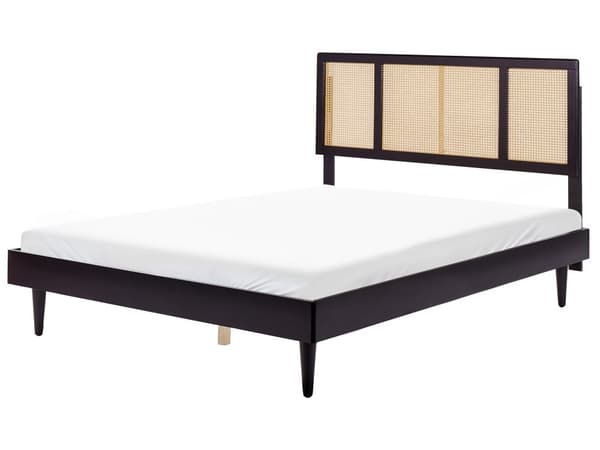 Seng med LED-lys Svart Lyst tre Gummitre 160 x 200 cm Sengegavl med flettverk Lamellbunn Minimalistisk og rustikk stil Dobbeltseng Sengeramme
