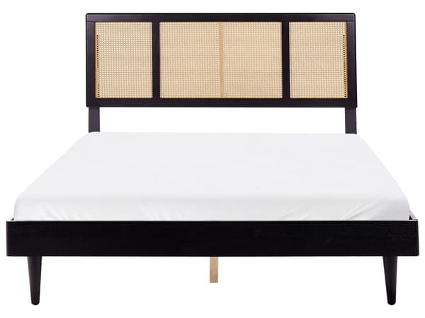Seng med LED-lys Svart Lyst tre Gummitre 160 x 200 cm Sengegavl med flettverk Lamellbunn Minimalistisk og rustikk stil Dobbeltseng Sengeramme