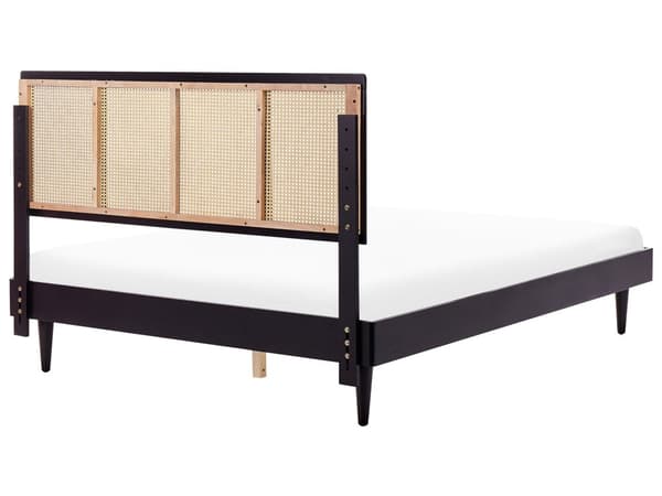 Seng med LED-lys Svart Lyst tre Gummitre 160 x 200 cm Sengegavl med flettverk Lamellbunn Minimalistisk og rustikk stil Dobbeltseng Sengeramme