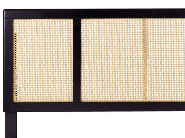Seng med LED-lys Svart Lyst tre Gummitre 160 x 200 cm Sengegavl med flettverk Lamellbunn Minimalistisk og rustikk stil Dobbeltseng Sengeramme