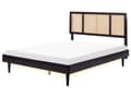 Miniatyrbilde 1 av 11: Seng med LED-lys Svart Lyst tre Gummitre 160 x 200 cm Sengegavl med flettverk Lamellbunn Minimalistisk og rustikk stil Dobbeltseng Sengeramme