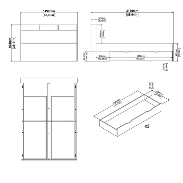 Ikast seng 140x200cm, 2 skuffer, 3 hyller eik dekor, hvit.