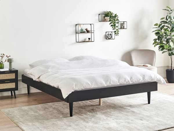 Seng Sort Polyester 160 x 200 cm Moderne Dobbeltseng Høj To Mands Sengeramme uden Gavl Minimalistisk Design Familieseng