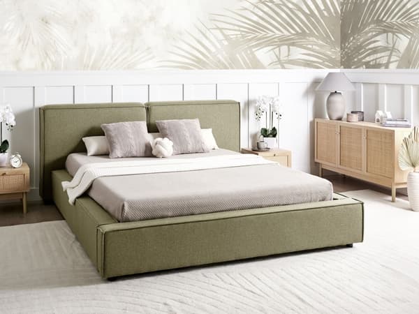 Seng Grøn Polyester 160 x 200 cm Moderne Dobbeltseng Høj Sengegavl To Mands Seng Minimalistisk Design Familieseng