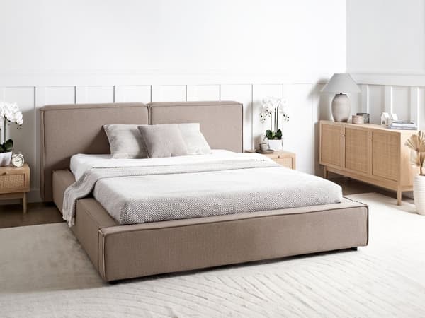 Seng Brun Polyester 160 x 200 cm Moderne Dobbeltseng Høj Sengegavl To Mands Seng Minimalistisk Design Familieseng