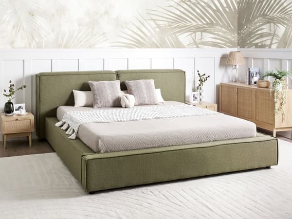 Seng Grøn Polyester 180 x 200 cm Moderne Dobbeltseng Høj Sengegavl To Mands Seng Minimalistisk Design Familieseng