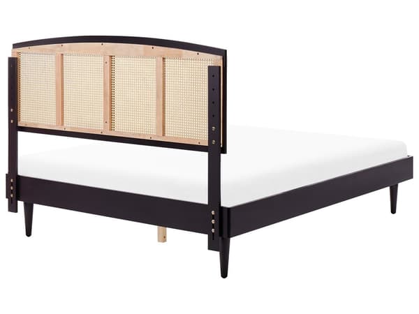 Seng Sort Træ 160 x 200 cm Moderne Dobbeltseng Fransk Rørflet Sengegavl To Mands Seng Lav Sengeramme med LED Minimalistisk Design