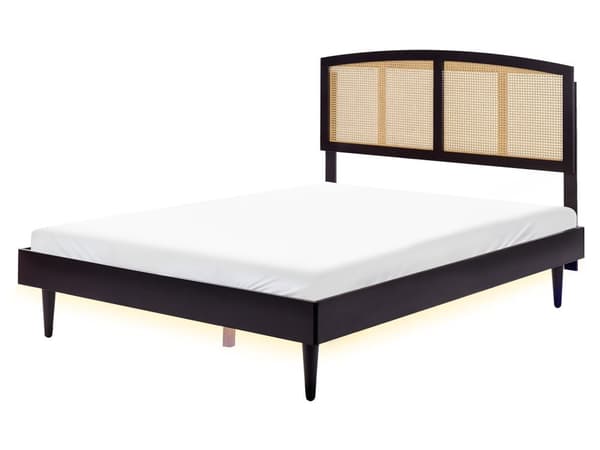 Seng Sort Træ 160 x 200 cm Moderne Dobbeltseng Fransk Rørflet Sengegavl To Mands Seng Lav Sengeramme med LED Minimalistisk Design