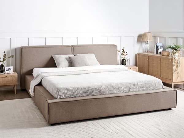 Dobbeltseng Lysebrun Stoff 180 x 200 cm Lamellbunn Sengegavl Moderne design Soverom Sengeramme