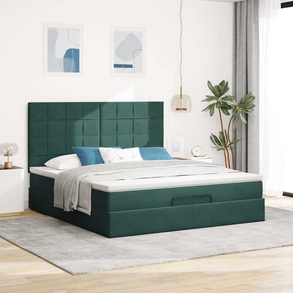 vidaXL Ottoman sengeramme med madrasser mørkegrønn 160x200cm fløyel