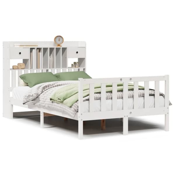 vidaXL Seng med bokhylle uten madrass hvit 135x190 cm heltre furu