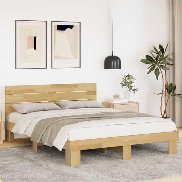 vidaXL Sengeramme med hovedgærde uden madras 150x200 cm Massivt træ Eg