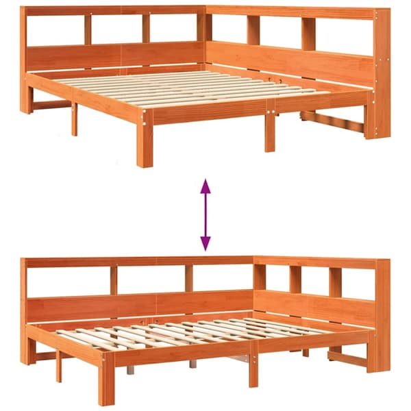 vidaXL Seng med bokhylle uten madrass voksbrun 135x190 cm heltre furu