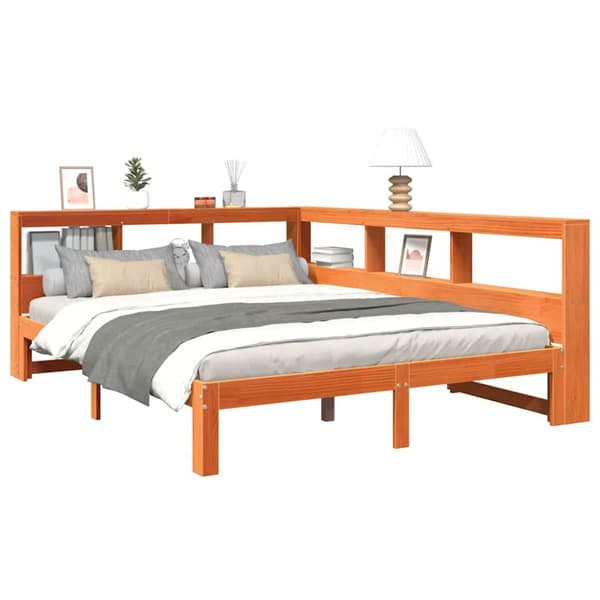 vidaXL Seng med bokhylle uten madrass voksbrun 140x190 cm heltre furu