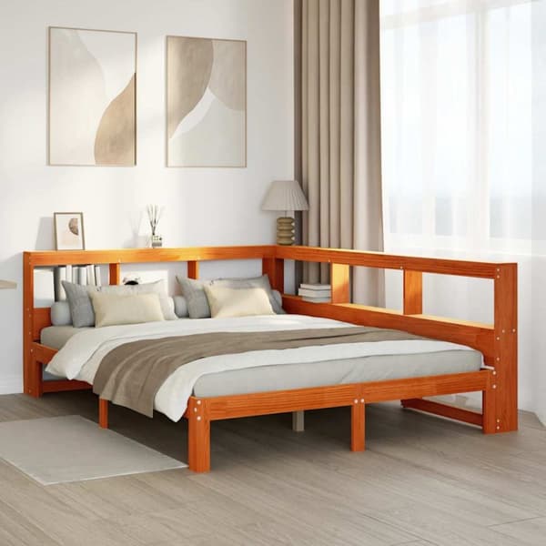 vidaXL Seng med bokhylle uten madrass voksbrun 140x190 cm heltre furu