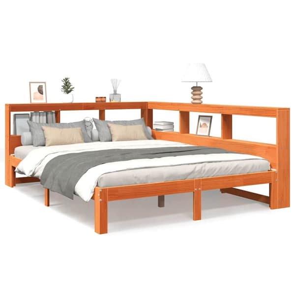 vidaXL seng med reol uden madras 135x190cm massivt fyrretræ gyldenbrun
