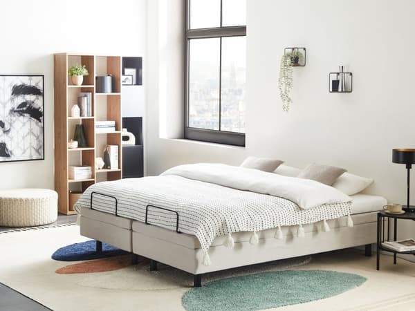 Elevationsseng Beige Polyester 160 x 200 cm Elektrisk Dobbelt Justerbar Seng med Fjernbetjening Sengeramme uden Gavl To Mands