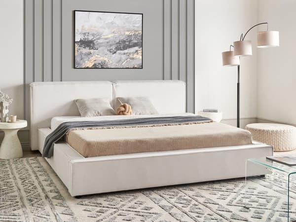 Dobbeltseng Off-White Stoff 180 x 200 cm Lamellbunn Sengegavl Moderne design Soverom Sengeramme