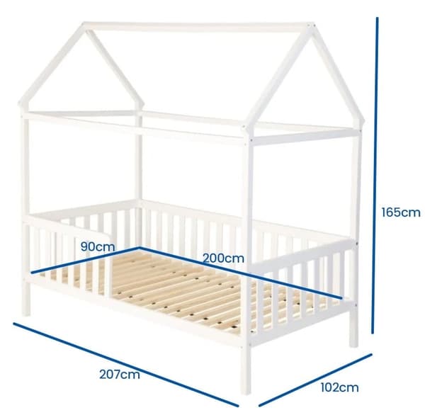 Miljövänlig vitmålad husformad barnsäng 200x90 cm med säkerhetsräcke