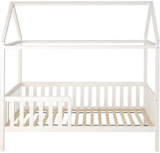 Miljövänlig vitmålad husformad barnsäng 200x90 cm med säkerhetsräcke