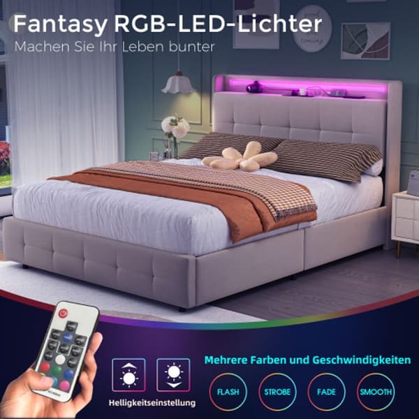 Klädd säng 160x200 cm, USB-laddning, LED-belysning och 2 lådor, förvaringssäng, träribbad, beige