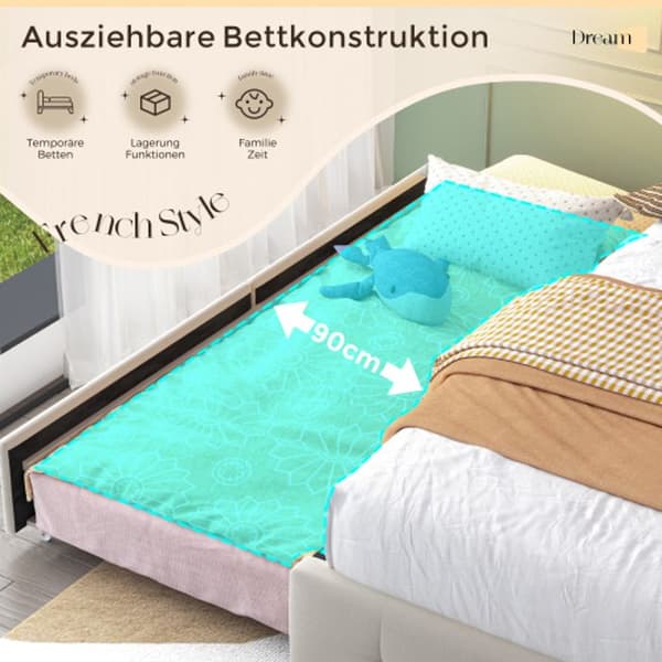 Klädd säng 140x200 cm, USB-laddning, LED-belysning och 2 lådor, förvaringssäng, lamellbotten i trä, Beige
