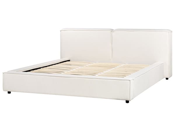 Dubbelsäng Off-White Tygklädsel 180 x 200 cm Spjälbotten med Tjockt Vadderad Huvudgavel Fotbräda