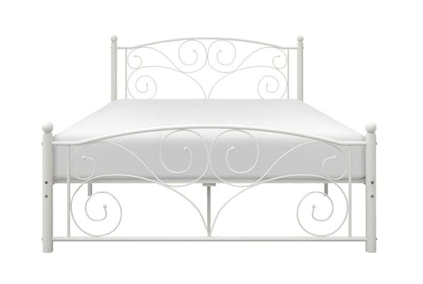 Tidløs hvid metal sengestel med ornamenter til 120x200 cm madras