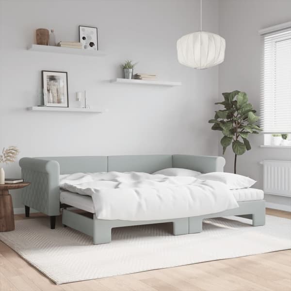 Dagbädd utdragbar och madrasser ljusgrå 90x190 cm sammet