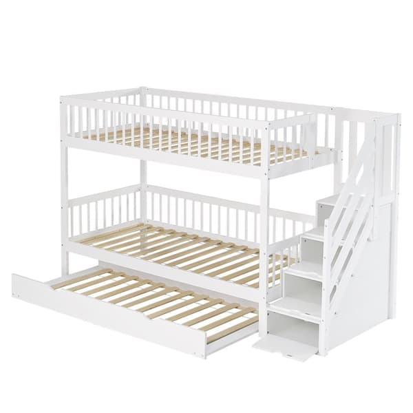 Køjeseng 90 x 200 cm med udtræksseng 90 x 190 cm - fyrretræ - med opbevaringsstige og rækværk - hvid