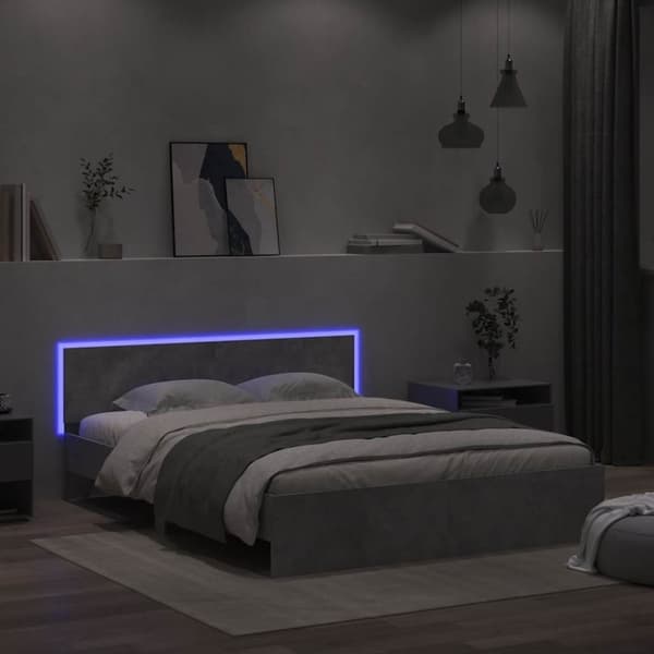 vidaXL Sängynrunko päädyllä ja LED-valoilla betoninharmaa 150x200 cm