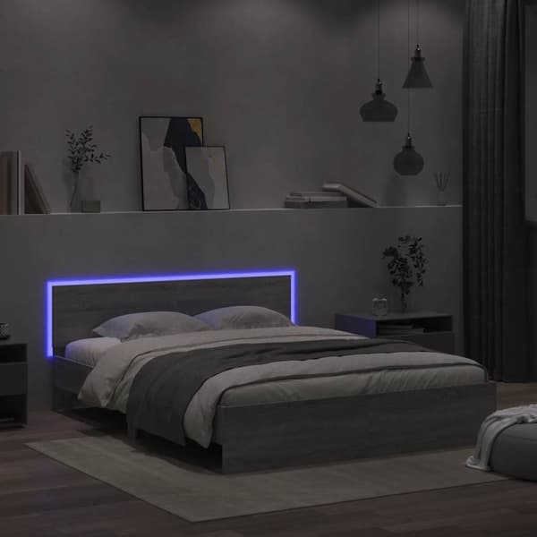 vidaXL Sengeramme med hodegavl og LED grå sonoma 150x200 cm