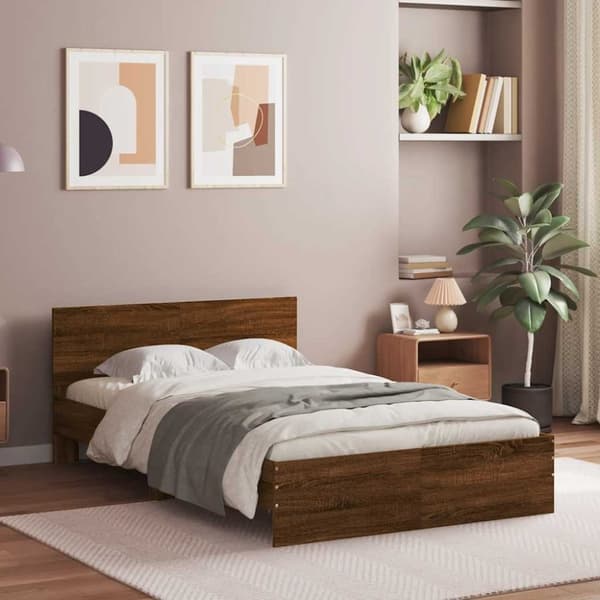 vidaXL Sengeramme med hodegavl og LED brun eik 140x200 cm