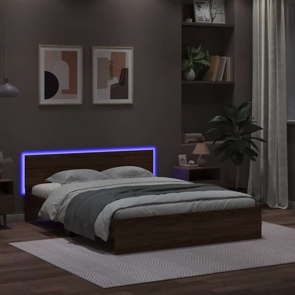 vidaXL Sengeramme med hodegavl og LED brun eik 150x200 cm