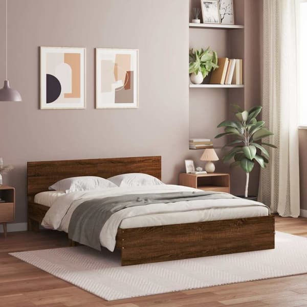 vidaXL Sengeramme med hodegavl og LED brun eik 150x200 cm